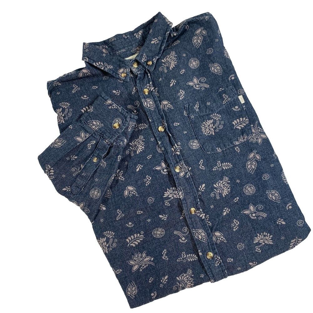 Obey Propaganda Chambray Button Down Longsleeve Shirt Lg Blue With Gray Pattern